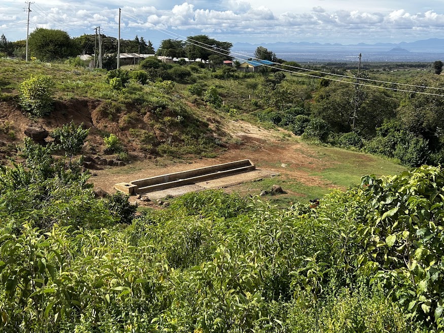 Concrete livestock watering trough in a grassy red-soil field, with campus buildings on the hillside and mountains beyond